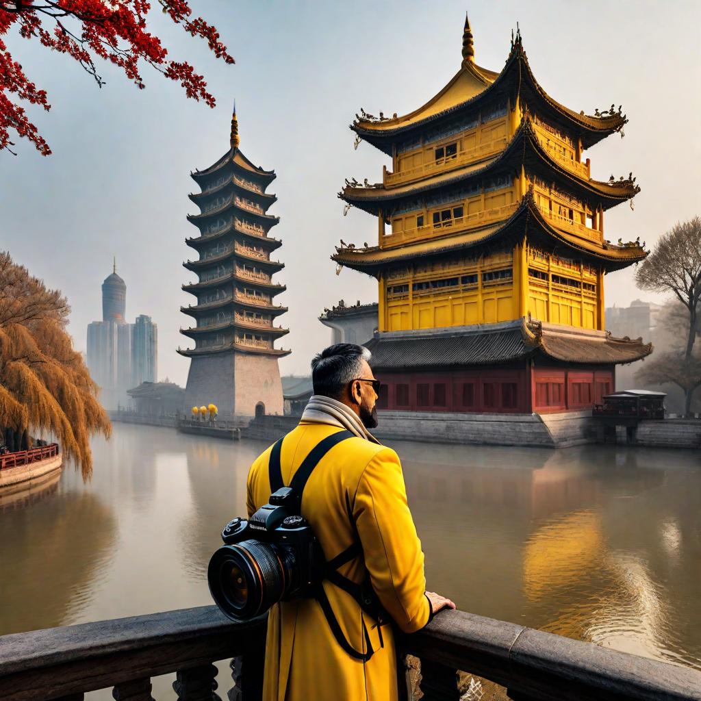  A Turkish man is taking photos in front of the Yellow Crane Tower in Wuhan. hyperrealistic, full body, detailed clothing, highly detailed, cinematic lighting, stunningly beautiful, intricate, sharp focus, f/1. 8, 85mm, (centered image composition), (professionally color graded), ((bright soft diffused light)), volumetric fog, trending on instagram, trending on tumblr, HDR 4K, 8K