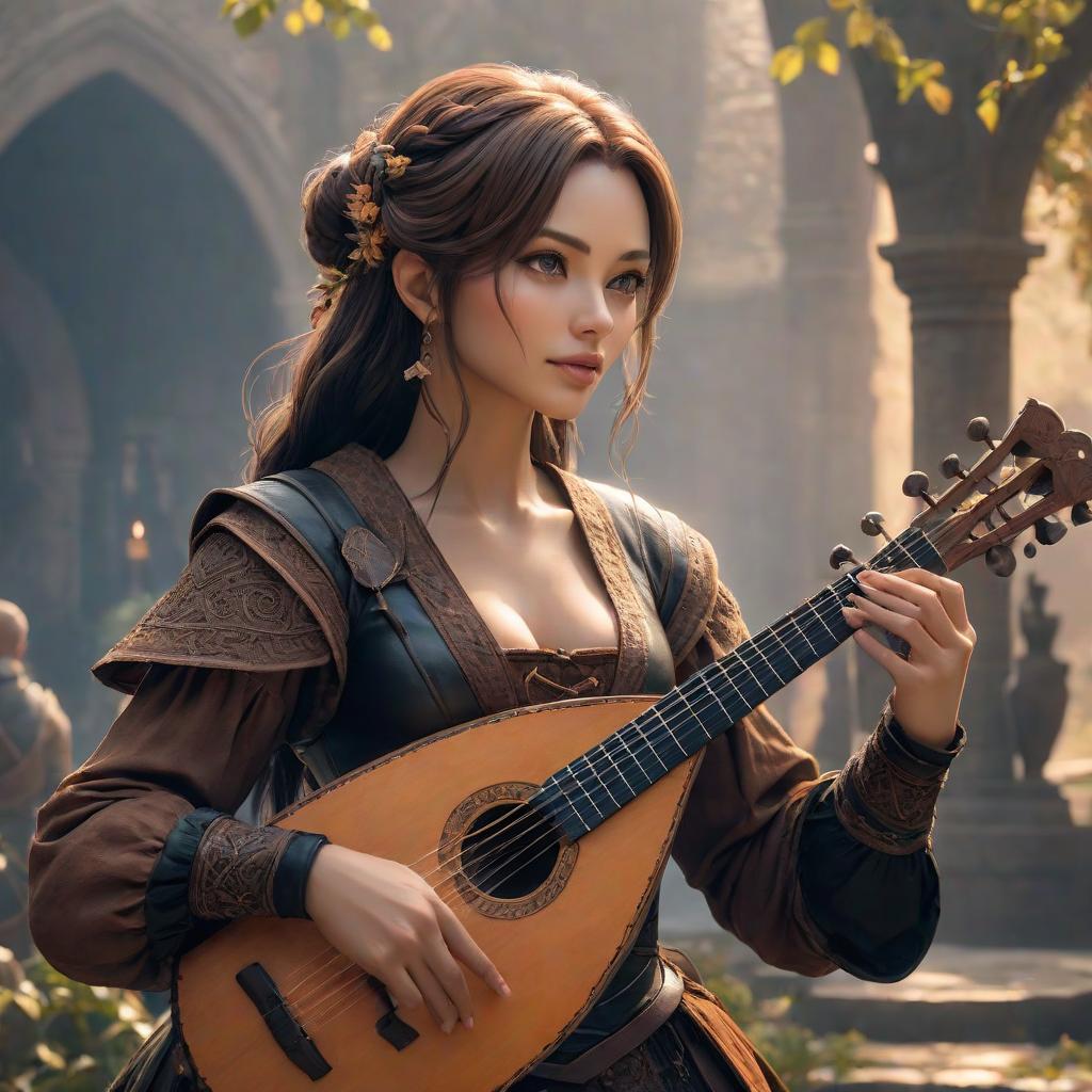  Brown and black bard with a lute from fantasy hyperrealistic, full body, detailed clothing, highly detailed, cinematic lighting, stunningly beautiful, intricate, sharp focus, f/1. 8, 85mm, (centered image composition), (professionally color graded), ((bright soft diffused light)), volumetric fog, trending on instagram, trending on tumblr, HDR 4K, 8K