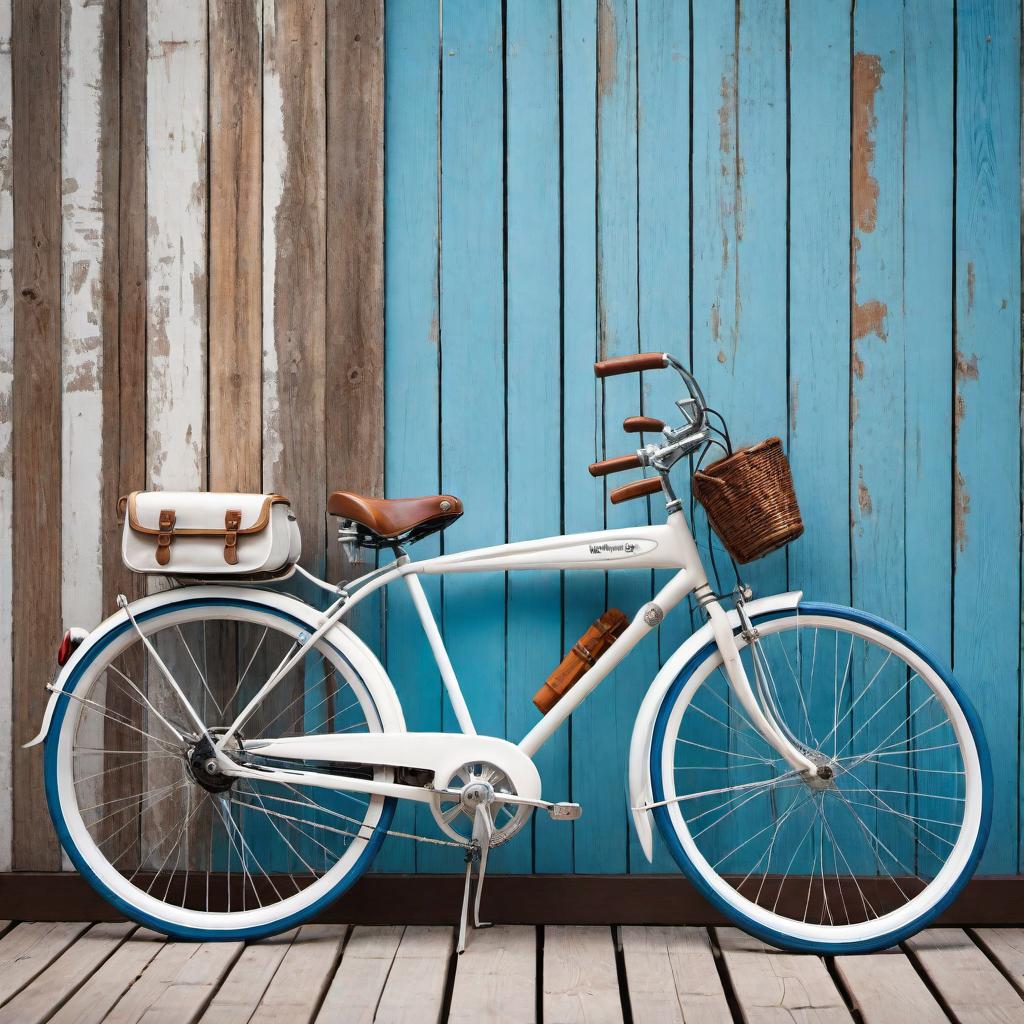  A full-length nautical-themed photograph featuring a rustic wooden wall with multiple colorful paddles leaning against it. The bright blue women's cruiser bicycle with white rim tires is leaning against the wall. Remove any items to the right of the bicycle. Transform the bicycle and the paddles into more of a cartoon style with muted colors, making them more simple and refined while maintaining the nautical theme. hyperrealistic, full body, detailed clothing, highly detailed, cinematic lighting, stunningly beautiful, intricate, sharp focus, f/1. 8, 85mm, (centered image composition), (professionally color graded), ((bright soft diffused light)), volumetric fog, trending on instagram, trending on tumblr, HDR 4K, 8K