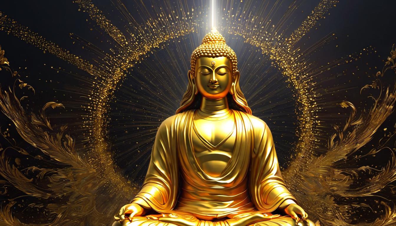  digital illustration Golden aura around a meditating figure, symbolizing spiritual consciousness, rays of light emanating, peaceful and transcendental looking at viewer, dynamic pose, (intricate details, masterpiece, best quality)