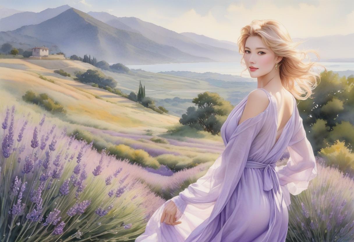  Watercolor masterpiece painting with lavender flowers in a mixed style by Abe Toshiyuki, Steve Hanks and Luis Roof a delightfully beautiful with luxurious golden hair, charming face, friendly gaze, slightly smiling, dressed in a translucent robe. The wind ly ruffles her hair and tries to open her robe. Mischievous curved pose, cheerful mood. In the background, a lavender field, a seashore and mountains in the distance are blurred. View from the bottom point. Intricate, elegant drawing with thin lines in colored ink and beige, pink, blue green and lavender watercolor, on , textured paper, super realism, ultra detail, modern fine art, 8K. hyperrealistic, full body, detailed clothing, highly detailed, cinematic lighting, stunningly beautiful, intricate, sharp focus, f/1. 8, 85mm, (centered image composition), (professionally color graded), ((bright soft diffused light)), volumetric fog, trending on instagram, trending on tumblr, HDR 4K, 8K