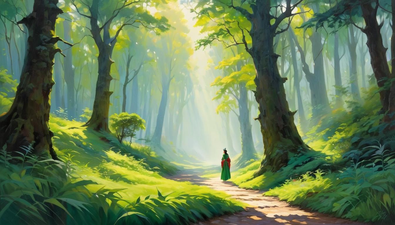  oil paintingAttractive woman standing in the middle of a stone path in a mystical forest, surrounded by tall ancient trees, dressed in flowing green garments, her face calm and resolute, early morning mist.(energetic brushwork, bold vibrant colors, expressive, emotional,bold brush, oil stroke, raw, emotional, dynamic, distortion for emotional effect, detailed,beautiful, loose brushwork, light and shadow play, captures feeling over form, balanced color