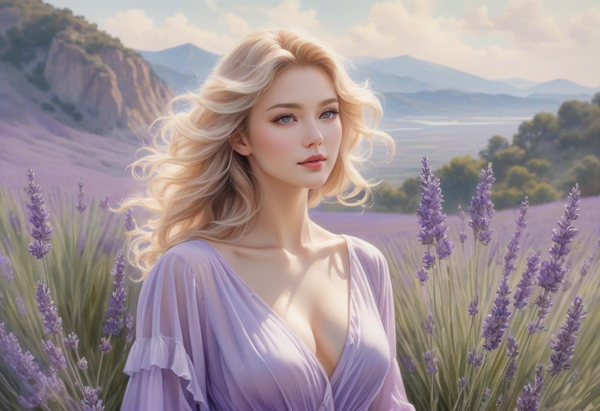  hyperrealistic art Watercolor masterpiece painting with lavender flowers in a mixed style by Abe Toshiyuki, Steve Hanks and Luis Roof a delightfully beautiful with luxurious golden hair, charming face, friendly gaze, slightly smiling, dressed in a translucent robe. The wind ly ruffles her hair and tries to open her robe. Mischievous curved pose, cheerful mood. In the background, a lavender field, a seashore and mountains in the distance are blurred. View from the bottom point. Intricate, elegant drawing with thin lines in colored ink and beige, pink, blue green and lavender watercolor, on , textured paper, super realism, ultra detail, modern fine art, 8K. . extremely high resolution details, photographic, realis hyperrealistic, full body, detailed clothing, highly detailed, cinematic lighting, stunningly beautiful, intricate, sharp focus, f/1. 8, 85mm, (centered image composition), (professionally color graded), ((bright soft diffused light)), volumetric fog, trending on instagram, trending on tumblr, HDR 4K, 8K