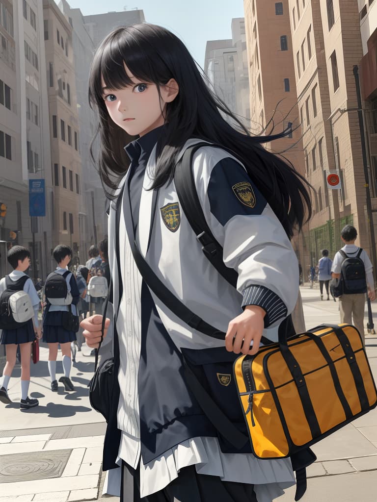  Elementary school students, boys carrying school bags, long hair, masterpiece, best quality,8k,ultra detailed,high resolution,an extremely delicate and beautiful,hyper detail