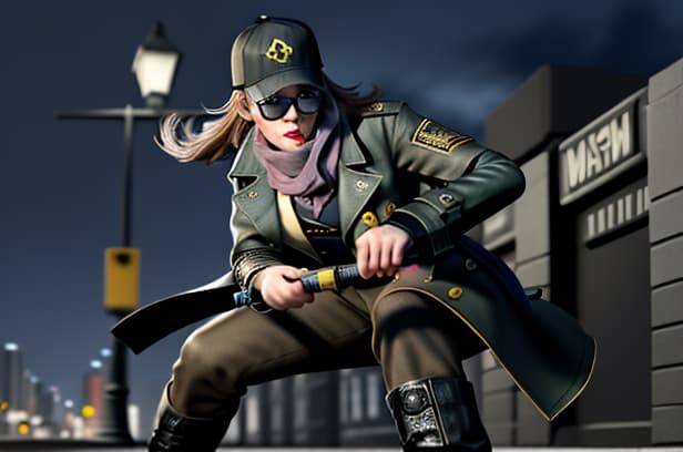  masterpiece, best quality, best quality, Female, genderswap, night, trench coat, boots, baseball hat, detective, Aiden Pearce, Watch dogs, scarf, holding nightstick, fighting.