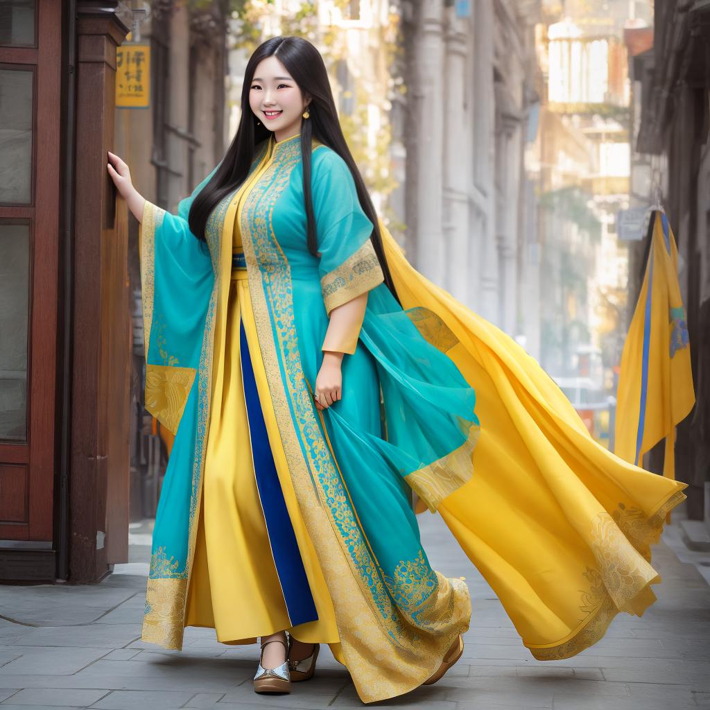  A plump woman, long straight hair, yellow skin, long legs, front photo, full body photo, smile, HD, detail, soft light