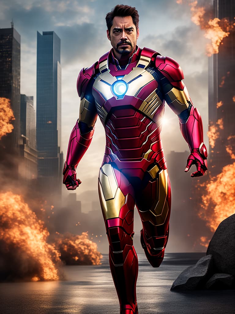  ironman movie poster, tony stark face hyperrealistic, full body, detailed clothing, highly detailed, cinematic lighting, stunningly beautiful, intricate, sharp focus, f/1. 8, 85mm, (centered image composition), (professionally color graded), ((bright soft diffused light)), volumetric fog, trending on instagram, trending on tumblr, HDR 4K, 8K