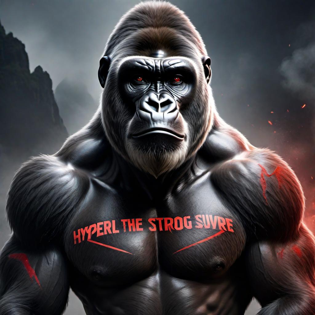  A tattoo design featuring the phrase 'Only the strong survive' incorporated with a fierce gorilla with red eyes. The gorilla should be portrayed in a bold and powerful manner, symbolizing strength and resilience. hyperrealistic, full body, detailed clothing, highly detailed, cinematic lighting, stunningly beautiful, intricate, sharp focus, f/1. 8, 85mm, (centered image composition), (professionally color graded), ((bright soft diffused light)), volumetric fog, trending on instagram, trending on tumblr, HDR 4K, 8K