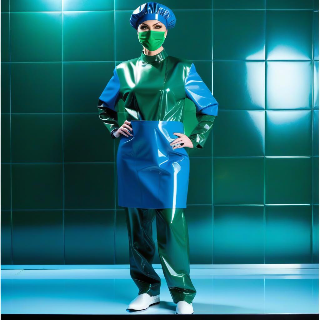  woman surgeon, wearing a shower beret made of two colors glossy latex, the upper part of the beret with a round dome extended upward with pleats, (glossy latex dark blue:0.5), and the lower part of the beret smocked with pleats with an elastic band, glossy lated dark green hyperrealistic, full body, detailed clothing, highly detailed, cinematic lighting, stunningly beautiful, intricate, sharp focus, f/1. 8, 85mm, (centered image composition), (professionally color graded), ((bright soft diffused light)), volumetric fog, trending on instagram, trending on tumblr, HDR 4K, 8K