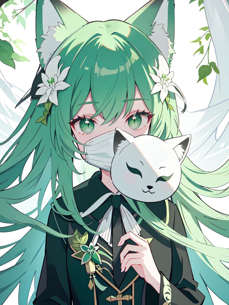  Green hair black suit hiding your face with a white fox mask, masterpiece, best quality,8k,ultra detailed,high resolution,an extremely delicate and beautiful,hyper detail