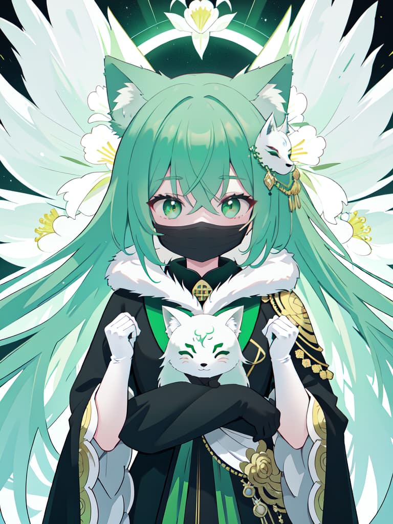  Green hair black suit hiding your face with a white fox mask, masterpiece, best quality,8k,ultra detailed,high resolution,an extremely delicate and beautiful,hyper detail