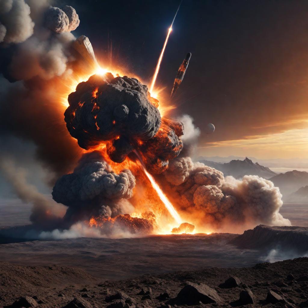  A spectacular scene of a meteor crashing into the Earth. The meteor is massive, with a fiery tail trailing behind it as it hurtles towards the planet. The impact site on Earth shows an intense explosion with bright flames, smoke, and debris flying in different directions. The sky is darkened by the impact, with dramatic lighting casting shadows. The overall atmosphere is intense and catastrophic, capturing the sheer force and destruction of the meteor strike. hyperrealistic, full body, detailed clothing, highly detailed, cinematic lighting, stunningly beautiful, intricate, sharp focus, f/1. 8, 85mm, (centered image composition), (professionally color graded), ((bright soft diffused light)), volumetric fog, trending on instagram, trending on tumblr, HDR 4K, 8K