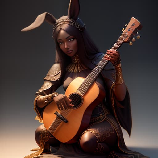  Brown black humanoid rabbit bard with a lute from fantasy hyperrealistic, full body, detailed clothing, highly detailed, cinematic lighting, stunningly beautiful, intricate, sharp focus, f/1. 8, 85mm, (centered image composition), (professionally color graded), ((bright soft diffused light)), volumetric fog, trending on instagram, trending on tumblr, HDR 4K, 8K