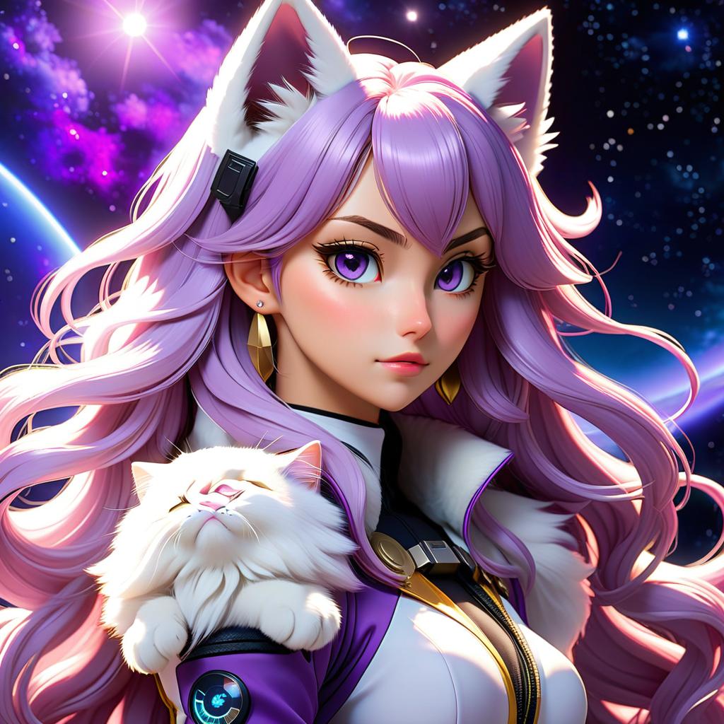  anime artwork Dear anime girl with fluffy cat ears, long wavy hair, half of the hair violet and the other half white, in space style. . anime style, key visual, vibrant, studio anime, highly detailed hyperrealistic, full body, detailed clothing, highly detailed, cinematic lighting, stunningly beautiful, intricate, sharp focus, f/1. 8, 85mm, (centered image composition), (professionally color graded), ((bright soft diffused light)), volumetric fog, trending on instagram, trending on tumblr, HDR 4K, 8K