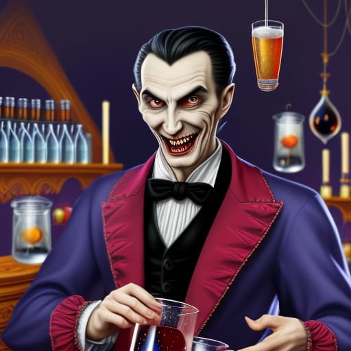  Picture Dracula as a scientist preparing something fizzy and sparkling with insane details and vivid colors and handsome character full body cloths and vampire teeth