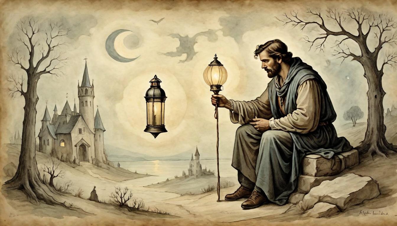  on parchment, surrealism+++, figure with thoughtful expression, holding a lantern, subtle glow, guiding light, introspective(mysterious, provocative, symbolic,muted color)+++