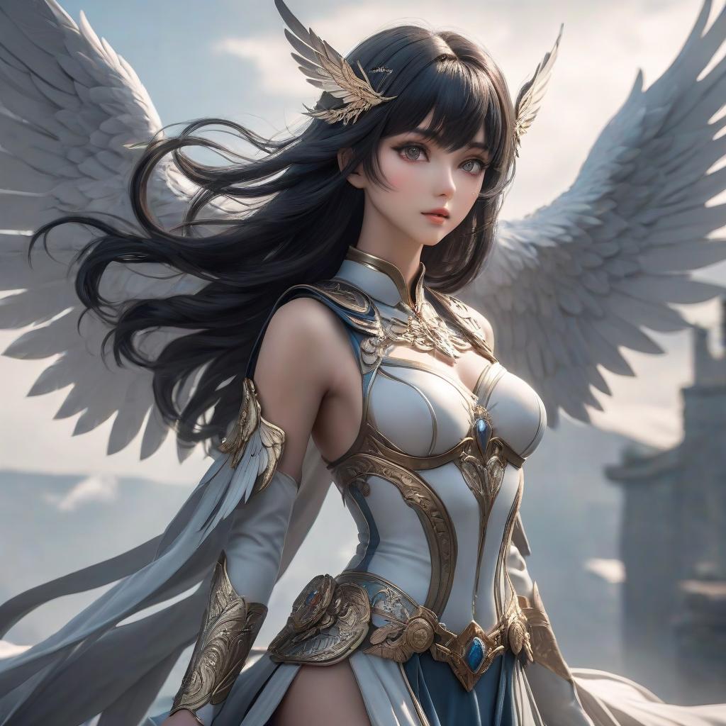  The goddess of wind and freedom. Dark long hair with bangs, white wings, gray eyes, slim body hyperrealistic, full body, detailed clothing, highly detailed, cinematic lighting, stunningly beautiful, intricate, sharp focus, f/1. 8, 85mm, (centered image composition), (professionally color graded), ((bright soft diffused light)), volumetric fog, trending on instagram, trending on tumblr, HDR 4K, 8K