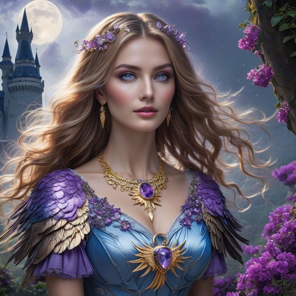  Fairy tale blue eyed eagle. Neuschwanstein. The girl in the gold dress. A very pretty girl. Garden of Eden. Rain. Flying saucer. Space, fantasy. Purple, blue, silver colors. Moon. Amethyst in the shape of a star, necklace around the neck of a girl. hyperrealistic, full body, detailed clothing, highly detailed, cinematic lighting, stunningly beautiful, intricate, sharp focus, f/1. 8, 85mm, (centered image composition), (professionally color graded), ((bright soft diffused light)), volumetric fog, trending on instagram, trending on tumblr, HDR 4K, 8K