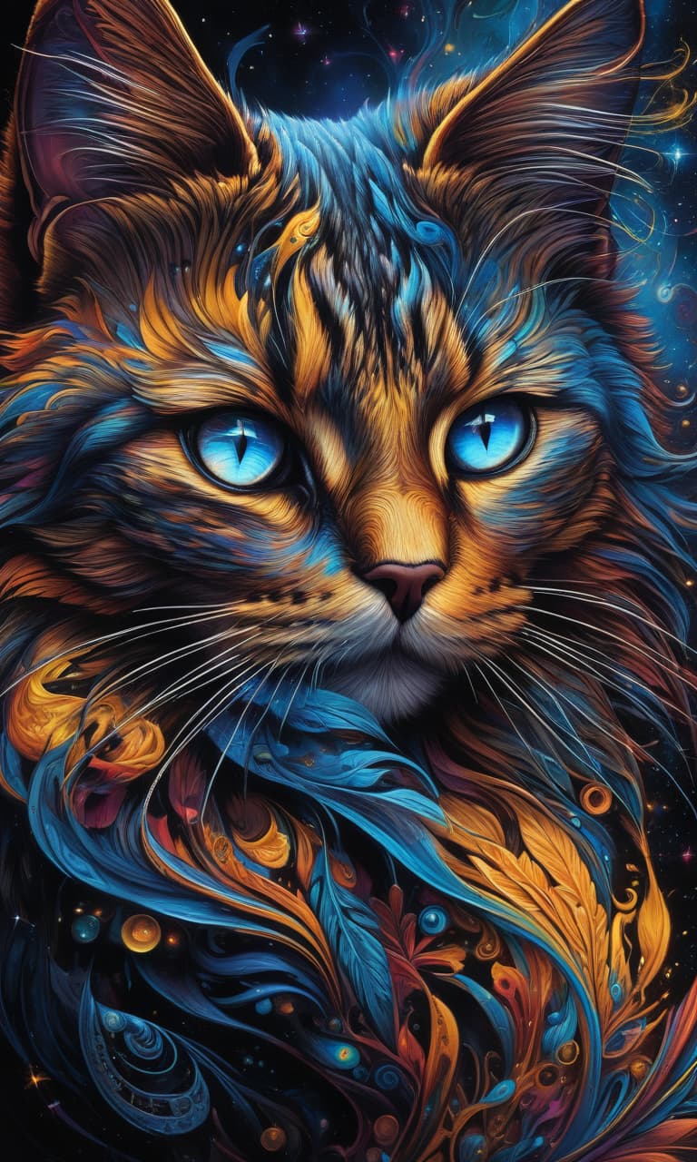  (psychedelic art, highly detailed, fantasy art:1.3), mesmerizing cat's face, intense glowing eyes with swirling colors, stunning blend of black, blue, and yellow hues, intricate patterns and designs, cosmic background with galaxies and stars, ethereal and mystical atmosphere, otherworldly beauty, intricate celestial patterns, cosmic energy radiating from the eyes, mesmerizing and captivating gaze, transcendent and surreal, vibrant and dynamic composition, close up shot capturing every intricate detail. hyperrealistic, full body, detailed clothing, highly detailed, cinematic lighting, stunningly beautiful, intricate, sharp focus, f/1. 8, 85mm, (centered image composition), (professionally color graded), ((bright soft diffused light)), volumetric fog, trending on instagram, trending on tumblr, HDR 4K, 8K