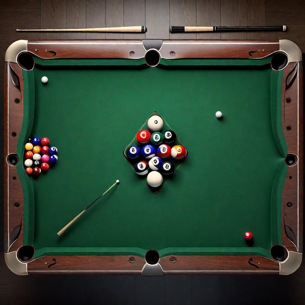  A top-down view of a billiard table showcasing the diamond system, which is used by players to calculate angles. The table should be green in color with diamond-shaped marks along the edges of the table. Include billiard balls on the table in strategic positions to illustrate how the diamond system helps in shot planning. hyperrealistic, full body, detailed clothing, highly detailed, cinematic lighting, stunningly beautiful, intricate, sharp focus, f/1. 8, 85mm, (centered image composition), (professionally color graded), ((bright soft diffused light)), volumetric fog, trending on instagram, trending on tumblr, HDR 4K, 8K