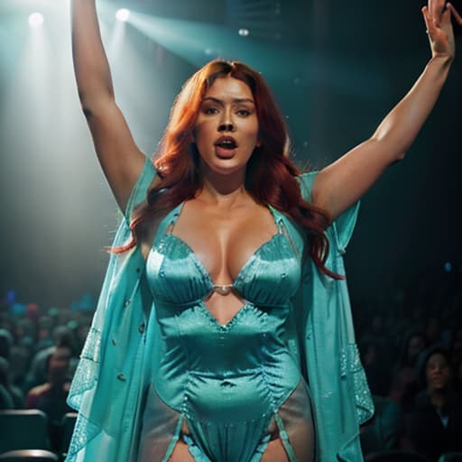  Graphic novel, 14 y.o. 4 out of ten, red haired woman, ruddy skin, chunky. Her robe is a shiny teal colored with a fish scale pattern. She is singing. Her arms are raised. hyperrealistic, full body, detailed clothing, highly detailed, cinematic lighting, stunningly beautiful, intricate, sharp focus, f/1. 8, 85mm, (centered image composition), (professionally color graded), ((bright soft diffused light)), volumetric fog, trending on instagram, trending on tumblr, HDR 4K, 8K