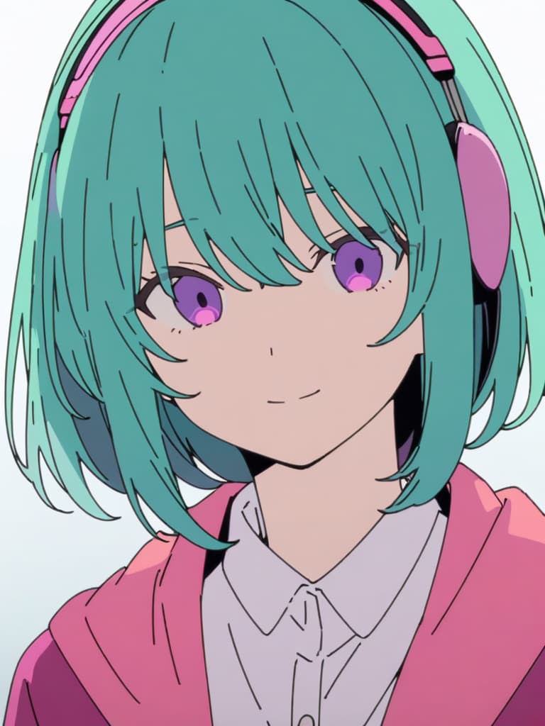  1girl,18yo,green hair,short hair,purple eyes,headphone,over parker,light smile,anime screencap,flat color,, masterpiece, best quality,8k,ultra detailed,high resolution,an extremely delicate and beautiful,hyper detail