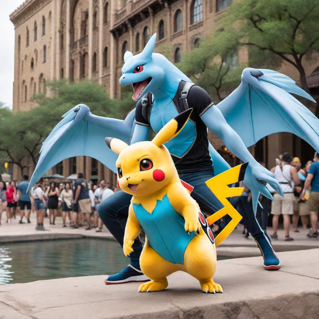  A photo of a Hispanic player in their early 40s playing Pokémon GO in San Antonio, Texas. The player is wearing a Team Mystic shirt. In the background, a yellow Pikachu, a blue Squirtle, and Houndoom are jumping and enjoying the moment. The setting includes recognizable elements of San Antonio, such as the Alamo or the River Walk. hyperrealistic, full body, detailed clothing, highly detailed, cinematic lighting, stunningly beautiful, intricate, sharp focus, f/1. 8, 85mm, (centered image composition), (professionally color graded), ((bright soft diffused light)), volumetric fog, trending on instagram, trending on tumblr, HDR 4K, 8K