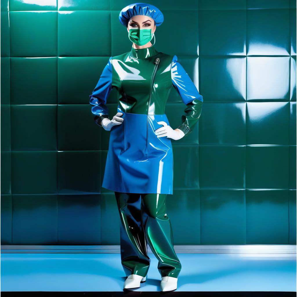  woman surgeon, wearing a shower beret made of two colors glossy latex, the upper part of the beret with a rounded dome in the shape of a mushroom, elongated with folds, made of glossy dark blue latex, the lower part of the beret with folds on an elastic band, (glossy dark green latex:1.5), shower beret is divided horizontally into two parts, shower cap covers hair, ears and forehead, framing the face hyperrealistic, full body, detailed clothing, highly detailed, cinematic lighting, stunningly beautiful, intricate, sharp focus, f/1. 8, 85mm, (centered image composition), (professionally color graded), ((bright soft diffused light)), volumetric fog, trending on instagram, trending on tumblr, HDR 4K, 8K