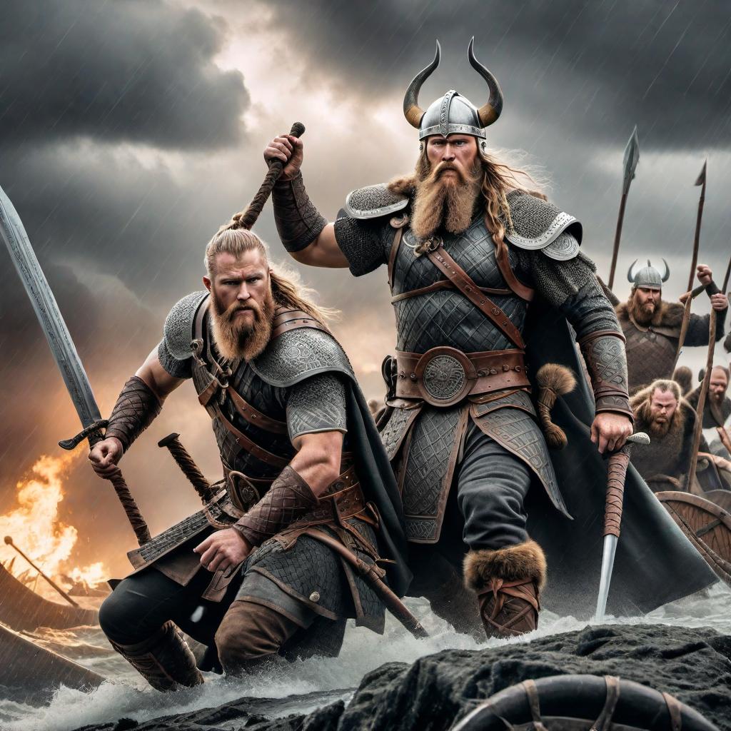  a detailed Viking battle scene tattoo design, featuring fierce Viking warriors in combat, intricate knotwork, traditional Viking weapons like axes and swords, and possibly a dramatic backdrop with longships and a stormy sky. The design should be bold, powerful, and suitable for a large, intricate tattoo. hyperrealistic, full body, detailed clothing, highly detailed, cinematic lighting, stunningly beautiful, intricate, sharp focus, f/1. 8, 85mm, (centered image composition), (professionally color graded), ((bright soft diffused light)), volumetric fog, trending on instagram, trending on tumblr, HDR 4K, 8K