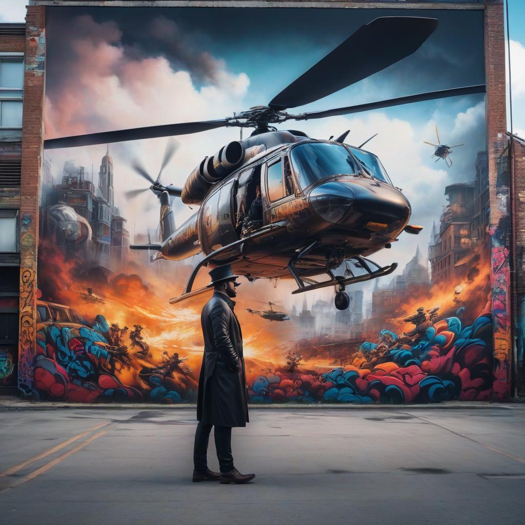  graffiti style steampunk, helicopter and sky . street art, vibrant, urban, detailed, tag, mural hyperrealistic, full body, detailed clothing, highly detailed, cinematic lighting, stunningly beautiful, intricate, sharp focus, f/1. 8, 85mm, (centered image composition), (professionally color graded), ((bright soft diffused light)), volumetric fog, trending on instagram, trending on tumblr, HDR 4K, 8K