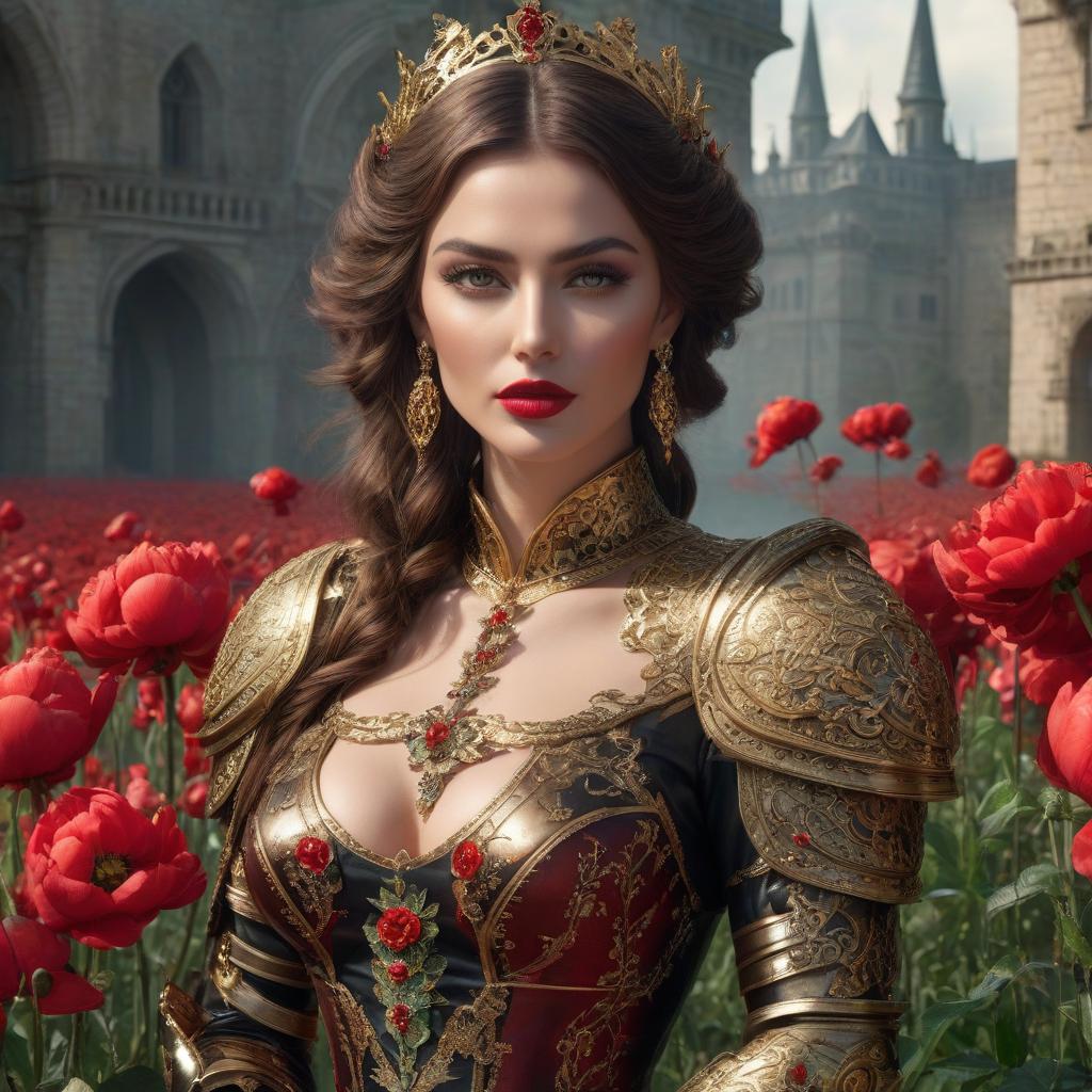  The with the brown hair. Тhe dress, the purse, the brown eyes. , red lips. A in armor. Armor below the . High detailing and treatment of the face and other parts of the body Fire. The rigor of the lines. Power. The sword gives off electric shocks. Highly detailed, highly detailed, highly detailed image and all details. ((Sparkling rim)): spring field, hyacinths, roses, rosehips, rose hips, peonies, cherry tree, yellow, red, black flowers, forget me nots. Nature in the background, spring, delight. Luxury, richness. High quality. Swarovski, pandora. The Emerald Palace, the towers. Holobue sky. Golden spires, Gothic style. Fantasy, fairy tale. Poppy field in front of palace. Emerald stones, Green Alley.Luxury, wealth. sp hyperrealistic, full body, detailed clothing, highly detailed, cinematic lighting, stunningly beautiful, intricate, sharp focus, f/1. 8, 85mm, (centered image composition), (professionally color graded), ((bright soft diffused light)), volumetric fog, trending on instagram, trending on tumblr, HDR 4K, 8K