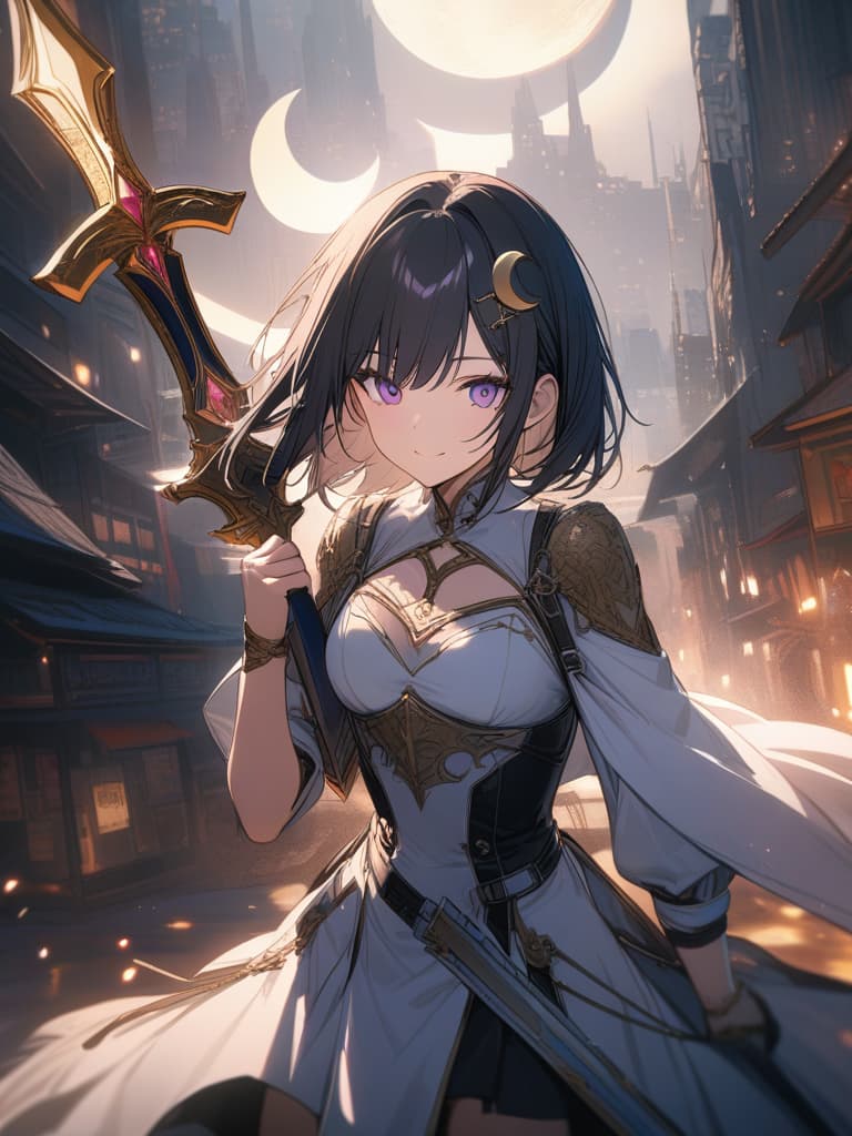  Holy sword,golden sword,burning city,smile,sword raised,golden light,Excalibur,cool girl,Black hair,(purple eyes),short,cropped hair,crescent moon hair ornament, masterpiece, best quality,8k,ultra detailed,high resolution,an extremely delicate and beautiful,hyper detail