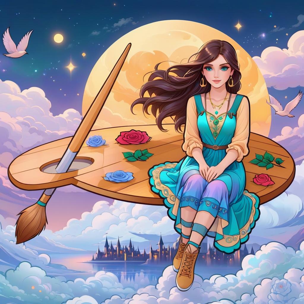  ethereal fantasy concept art of (Background):night sky, stars, clouds, spires of buildings, roofs of houses. A palette of colours with a brush is floating in the clouds. On the palette sits a girl. (Girl description of appearance): long dark hair, green eyes. She is wearing a gold shirt and a blue sundress with roses. On her feet trainers. (Style):fantasy, sticker, cartoon, character, digital art . magnificent, celestial, ethereal, painterly, epic, majestic, magical, fantasy art, cover art, dreamy, STICKER, hkmagic, LOGO hyperrealistic, full body, detailed clothing, highly detailed, cinematic lighting, stunningly beautiful, intricate, sharp focus, f/1. 8, 85mm, (centered image composition), (professionally color graded), ((bright soft diffused light)), volumetric fog, trending on instagram, trending on tumblr, HDR 4K, 8K