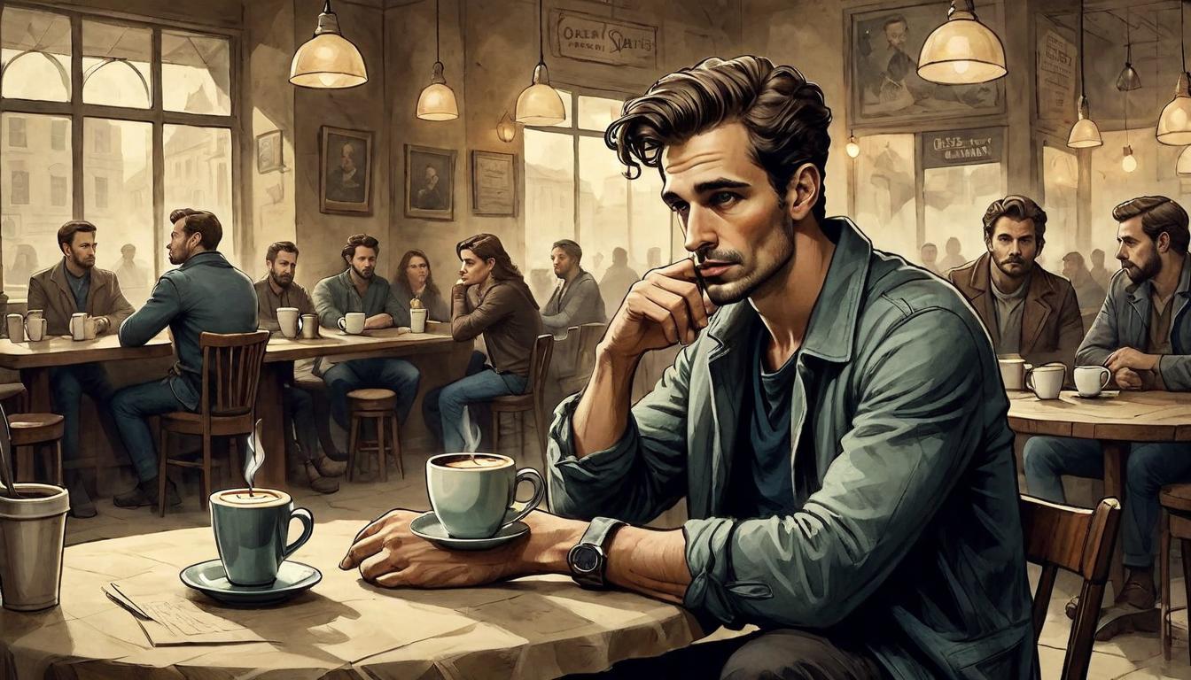  on parchment, surrealism+++, Friend in casual clothes, slouched posture, doleful eyes, speaking in a negative tone, drab coffee shop, mundane, uninspired, melancholic(mysterious, provocative, symbolic,muted color)+++