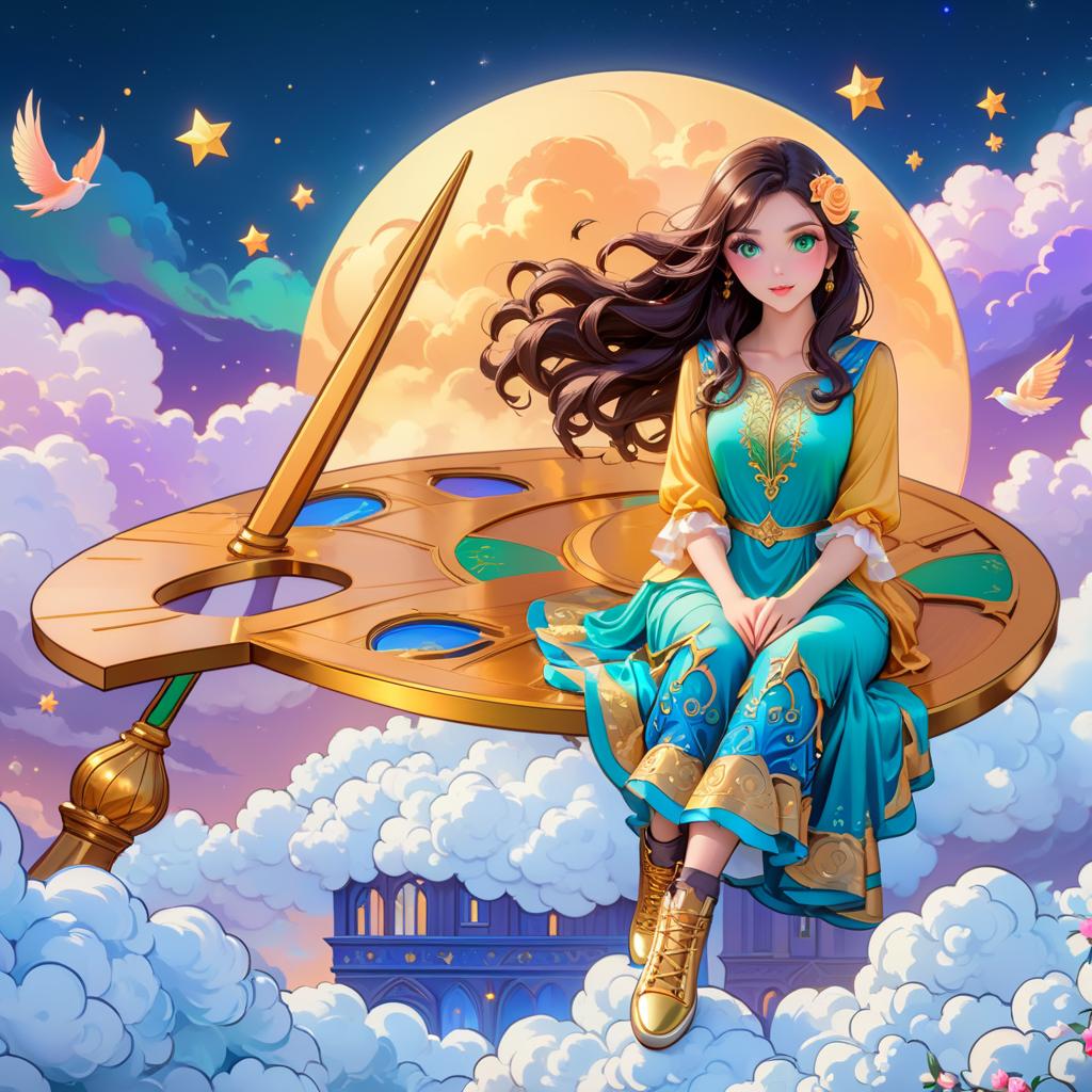  ethereal fantasy concept art of (Background):night sky, stars, clouds, spires of buildings, roofs of houses. A palette of colours with a brush is floating in the clouds. On the palette sits a girl. (Girl description of appearance): long dark hair, green eyes. She is wearing a gold shirt and a blue sundress with roses. On her feet trainers. (Style):fantasy, sticker, cartoon, character, digital art . magnificent, celestial, ethereal, painterly, epic, majestic, magical, fantasy art, cover art, dreamy, STICKER, hkmagic hyperrealistic, full body, detailed clothing, highly detailed, cinematic lighting, stunningly beautiful, intricate, sharp focus, f/1. 8, 85mm, (centered image composition), (professionally color graded), ((bright soft diffused light)), volumetric fog, trending on instagram, trending on tumblr, HDR 4K, 8K