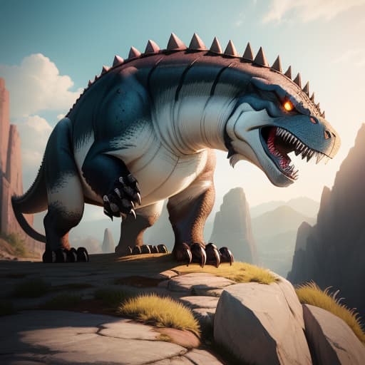  rock titan , fused with t-rex head , long spiked tail , natural background , detailed rock body , hyperrealistic, high quality, highly detailed, perfect lighting, intricate, sharp focus, f/1. 8, 85mm, (centered image composition), (professionally color graded), ((bright soft diffused light)), trending on instagram, HDR 4K, 8K