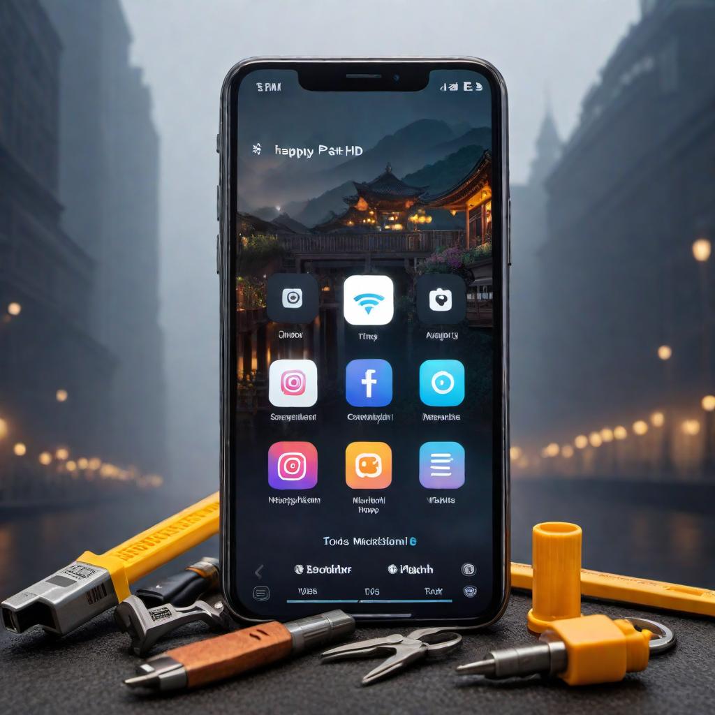  An image illustrating a smartphone screen with the Happy Patcher app icon and tools visible, symbolizing app modification for enhanced performance. hyperrealistic, full body, detailed clothing, highly detailed, cinematic lighting, stunningly beautiful, intricate, sharp focus, f/1. 8, 85mm, (centered image composition), (professionally color graded), ((bright soft diffused light)), volumetric fog, trending on instagram, trending on tumblr, HDR 4K, 8K