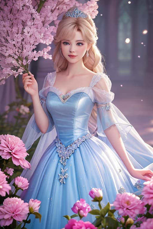  A highly detailed and realistic photo in the style of Disney, featuring a character resembling baby Cinderella. The image shows young Cinderella wearing a sparkling pink dress, surrounded by glowing flower.She is standing.The scene is illuminated with soft, mystical light, creating an enchanting and whimsical atmosphere. Cinderella's expression is filled with wonder and joy as she interacts with the flower. The background is softly blurred to keep the focus on Cinderella and the flower hyperrealistic, full body, detailed clothing, highly detailed, cinematic lighting, stunningly beautiful, intricate, sharp focus, f/1. 8, 85mm, (centered image composition), (professionally color graded), ((bright soft diffused light)), volumetric fog, trending on instagram, trending on tumblr, HDR 4K, 8K