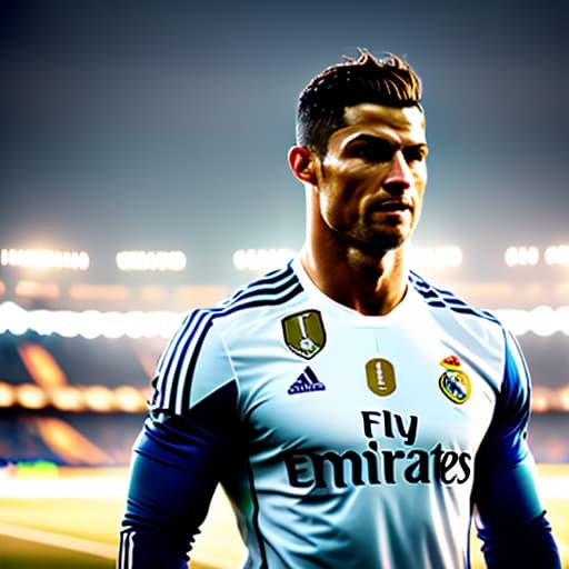  A famous football player, Cristiano Ronaldo, wears a Real Madrid soccer jersey as he stands in the Santiago Bernauer stadium. hyperrealistic, full body, detailed clothing, highly detailed, cinematic lighting, stunningly beautiful, intricate, sharp focus, f/1. 8, 85mm, (centered image composition), (professionally color graded), ((bright soft diffused light)), volumetric fog, trending on instagram, trending on tumblr, HDR 4K, 8K