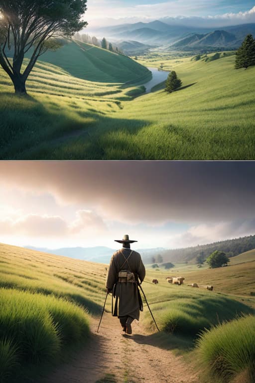  The shepherd is walking on the grassland. Background blue sky and white cloud stream hyperrealistic, full body, detailed clothing, highly detailed, cinematic lighting, stunningly beautiful, intricate, sharp focus, f/1. 8, 85mm, (centered image composition), (professionally color graded), ((bright soft diffused light)), volumetric fog, trending on instagram, trending on tumblr, HDR 4K, 8K