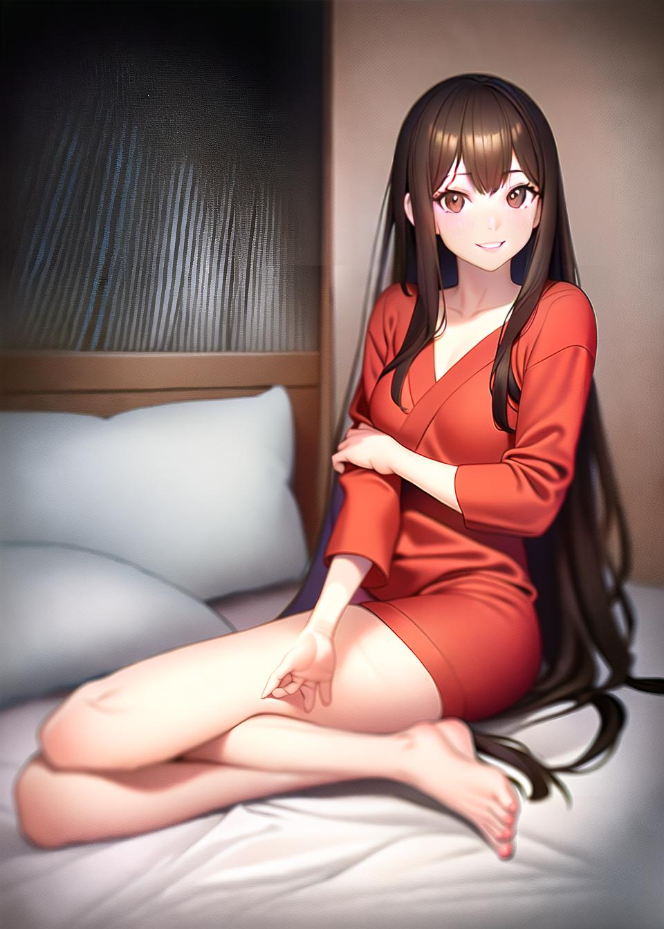  Brown hair girl, smiling, long hair, red pajamas, denim shorts, beautiful legs, back appearance, lower body, bed, (Masterpiece, BestQuality:1.3), (ultra detailed:1.2), (hyperrealistic:1.3), (RAW photo:1.2),High detail RAW color photo, professional photograph, (Photorealistic:1.4), (realistic:1.4), ,professional lighting, (japanese), beautiful face, (realistic face)