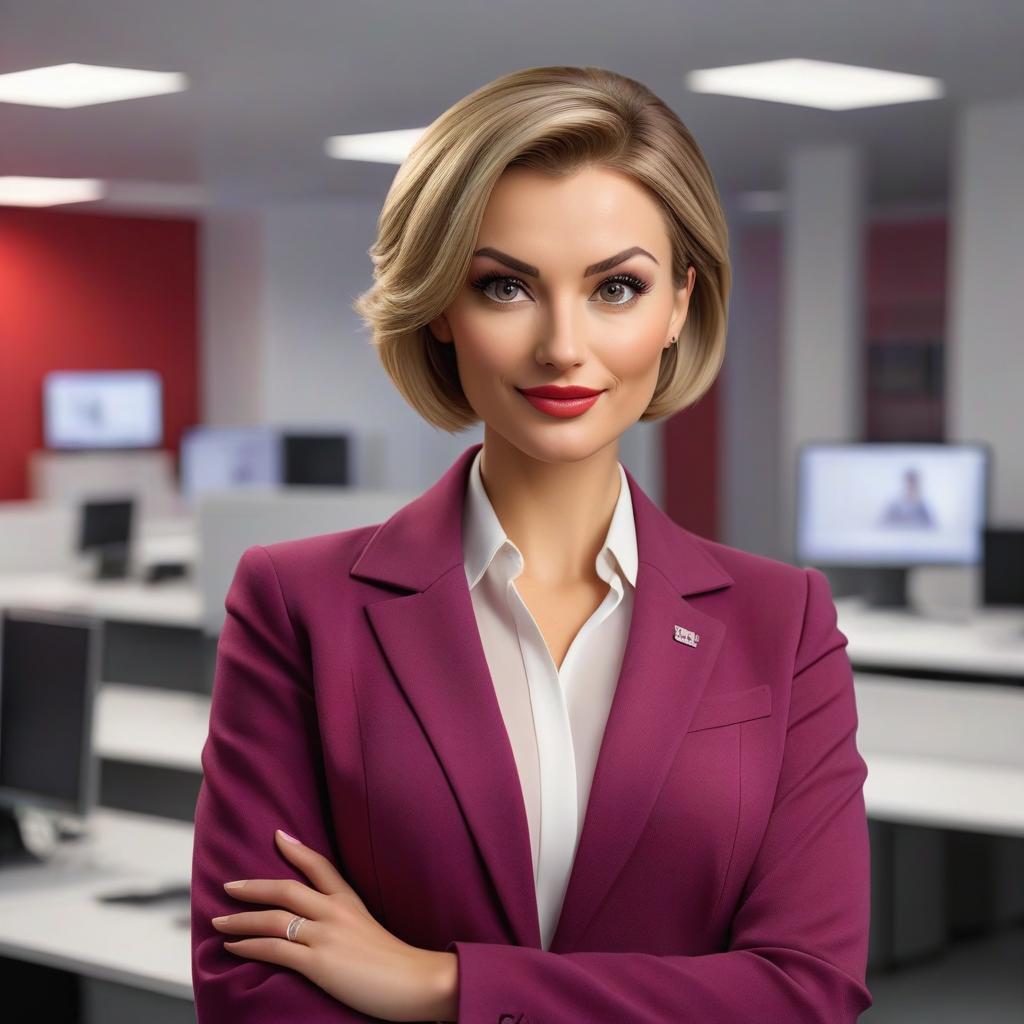  manager with Slavic facial features, dark blond, age 26, with short hair and small plump faces, in a red violet jacket in her office against the backdrop of a white office space in front, looking at the camera, friendly smile, confident teeth hyperrealistic, full body, detailed clothing, highly detailed, cinematic lighting, stunningly beautiful, intricate, sharp focus, f/1. 8, 85mm, (centered image composition), (professionally color graded), ((bright soft diffused light)), volumetric fog, trending on instagram, trending on tumblr, HDR 4K, 8K