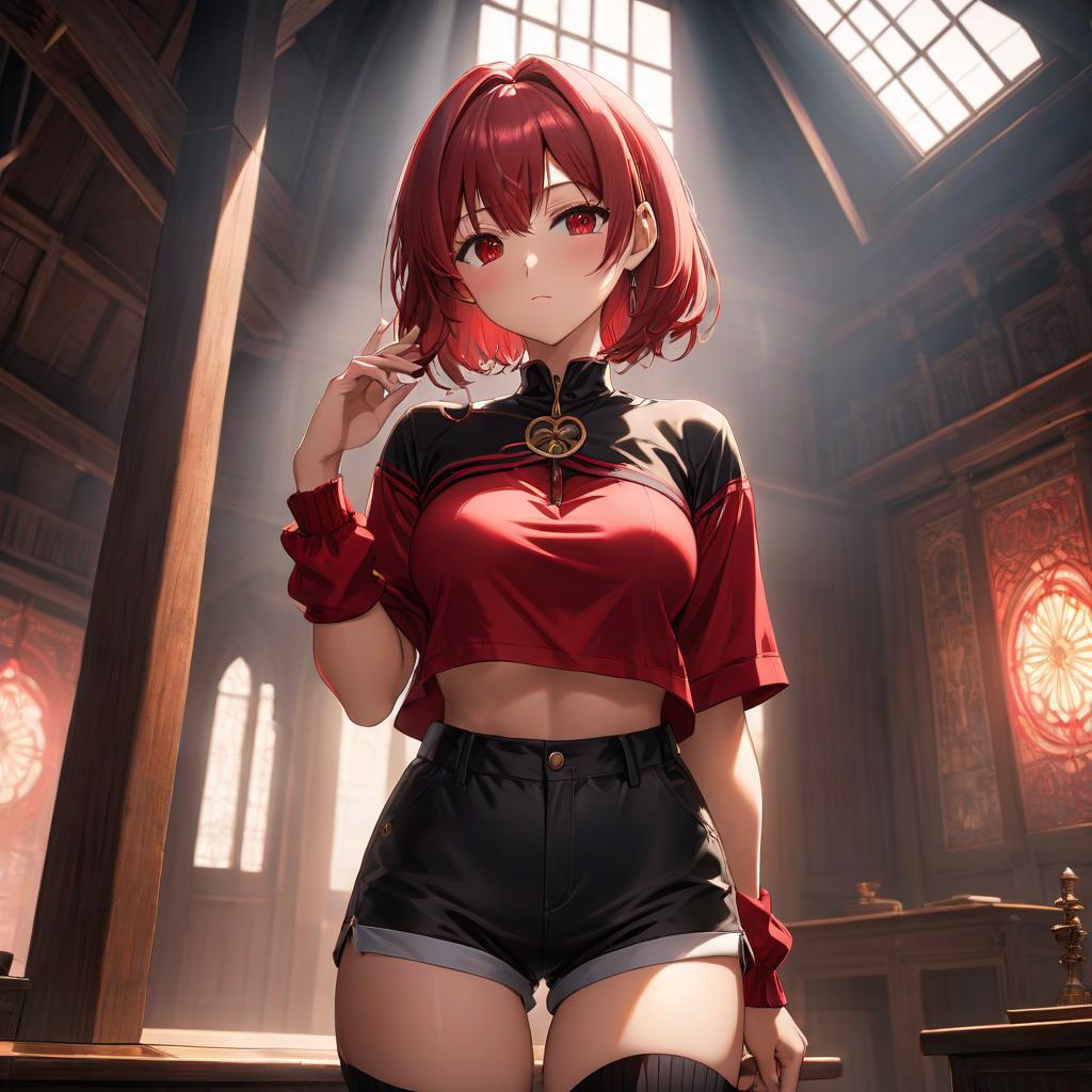  anime artwork A nine yea lies , looks at the ceiling, beautiful face, covered her eyes with her hand, blushed, a black and red top, perfect body shape, wide hips and , black and red shorts, socks. . anime style, key visual, vint, studio anime, highly detailed hyperrealistic, full body, detailed clothing, highly detailed, cinematic lighting, stunningly beautiful, intricate, sharp focus, f/1. 8, 85mm, (centered image composition), (professionally color graded), ((bright soft diffused light)), volumetric fog, trending on instagram, trending on tumblr, HDR 4K, 8K