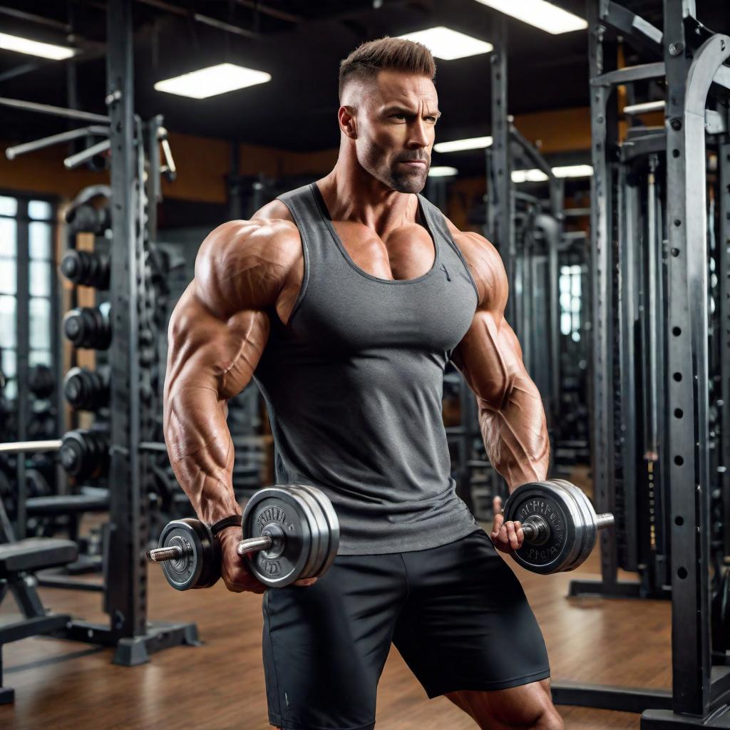  A muscular man drinking a protein drink after a tough workout. The man looks powerful and sweaty, with veins popping and muscles well-defined. He is standing in a gym with weights and exercise equipment around. Background features a gritty, industrial look matching the intensity of his workout. hyperrealistic, full body, detailed clothing, highly detailed, cinematic lighting, stunningly beautiful, intricate, sharp focus, f/1. 8, 85mm, (centered image composition), (professionally color graded), ((bright soft diffused light)), volumetric fog, trending on instagram, trending on tumblr, HDR 4K, 8K