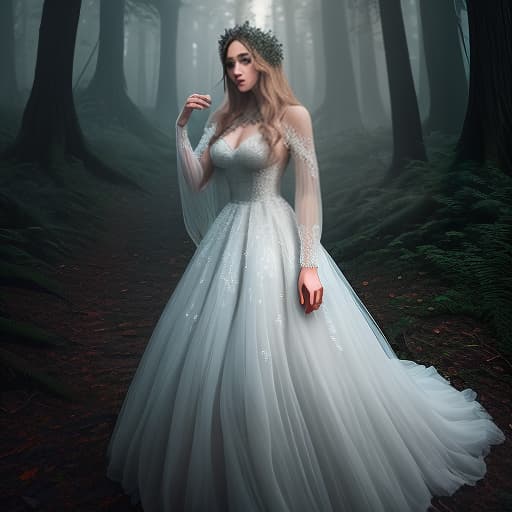  A werewolf girl in a long dress in the woods. hyperrealistic, full body, detailed clothing, highly detailed, cinematic lighting, stunningly beautiful, intricate, sharp focus, f/1. 8, 85mm, (centered image composition), (professionally color graded), ((bright soft diffused light)), volumetric fog, trending on instagram, trending on tumblr, HDR 4K, 8K