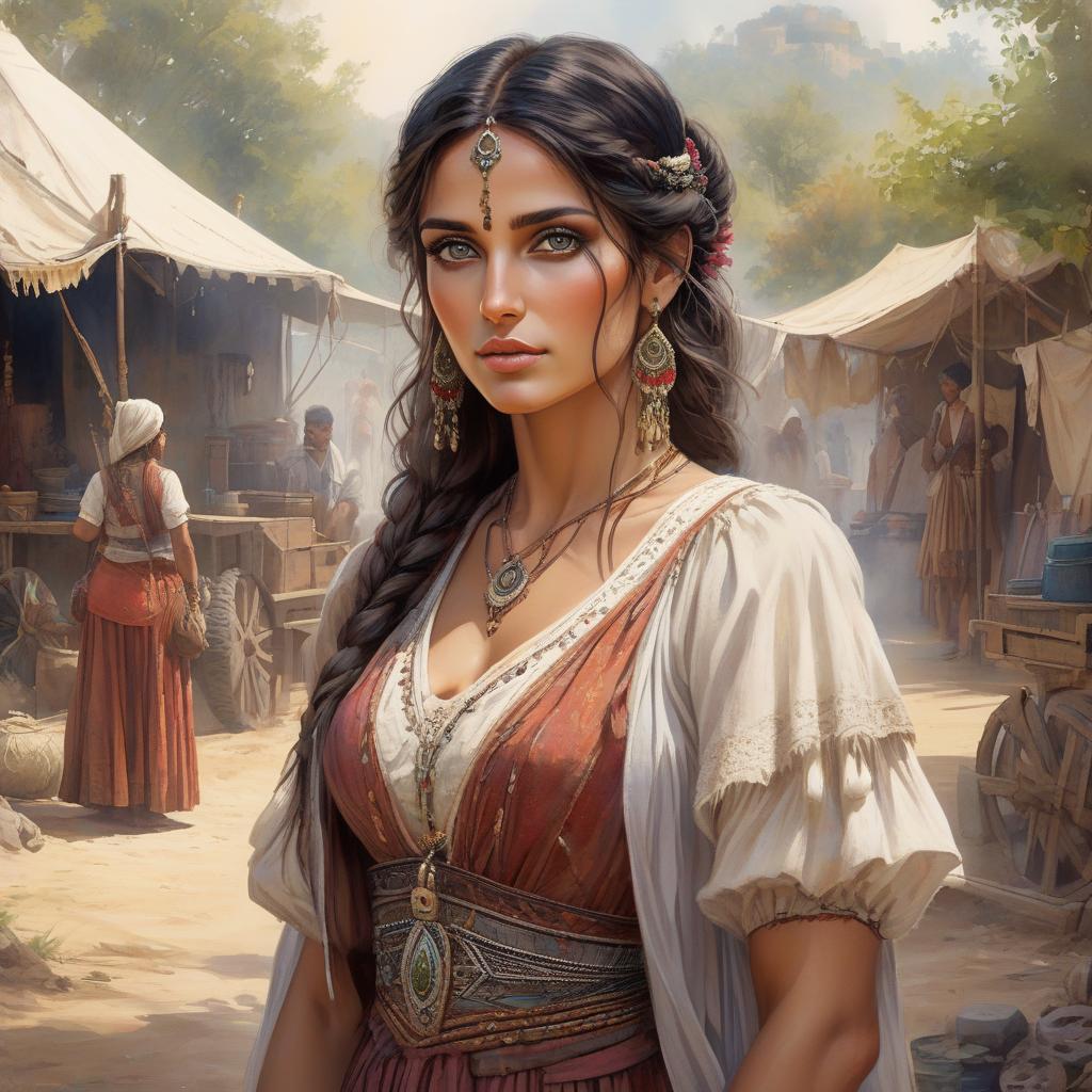  concept art Portrait, watercolor of a beautiful gypsy, digital art, fantasy, detailed and fine facial features, wrinkles, eyes with a charming look, typical costume of a young gypsy, very expressive and detailed eyes, behind her there is a small gypsy camp of which It is one part, post impressionist colorism, soft and velvety texture, by wadim kashin and Carne Griffiths . digital artwork, illustrative, painterly, matte painting, highly detailed hyperrealistic, full body, detailed clothing, highly detailed, cinematic lighting, stunningly beautiful, intricate, sharp focus, f/1. 8, 85mm, (centered image composition), (professionally color graded), ((bright soft diffused light)), volumetric fog, trending on instagram, trending on tumblr, HDR 4K, 8K