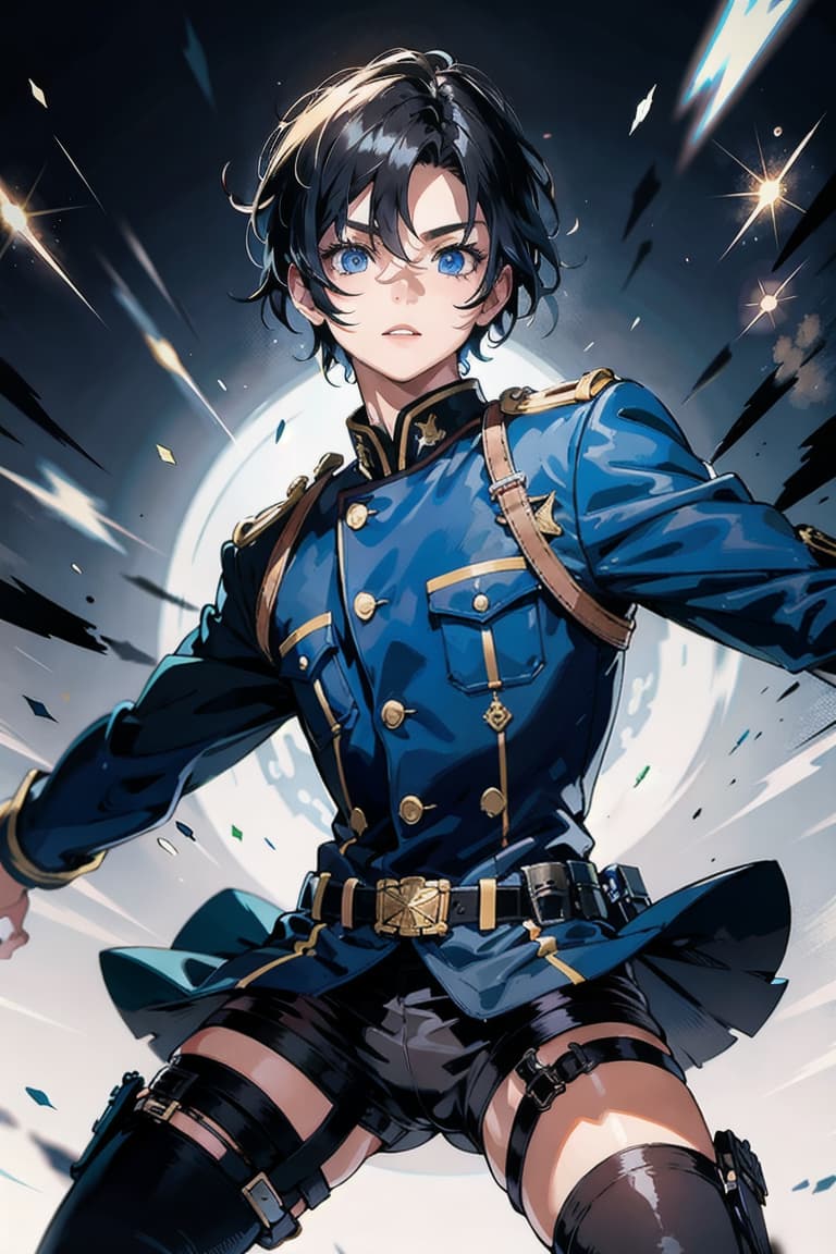  master piece , best quality,Young blue eyed man with short black hair in combat uniform