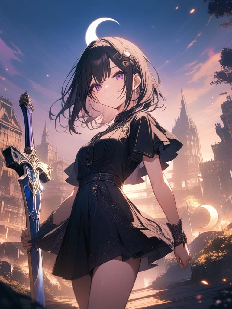  Holy sword,golden sword,burning city,smile,sword raised,golden light,Excalibur,cool girl,Black hair,(purple eyes),short,cropped hair,crescent moon hair ornament, masterpiece, best quality,8k,ultra detailed,high resolution,an extremely delicate and beautiful,hyper detail