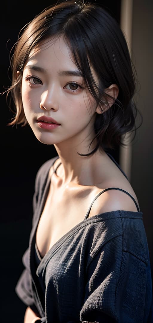  Best quality, masterpiece, ultra high res, (photorealistic:1.4), raw photo, (detail face:1.3), (realistic skin), deep shadow, dramatic lighting, unlucky, Japanese, cute, small-chested, short hair, fish face, deep shadow, dramatic lighting, portrait, portrait size, unedited, symmetrical balance