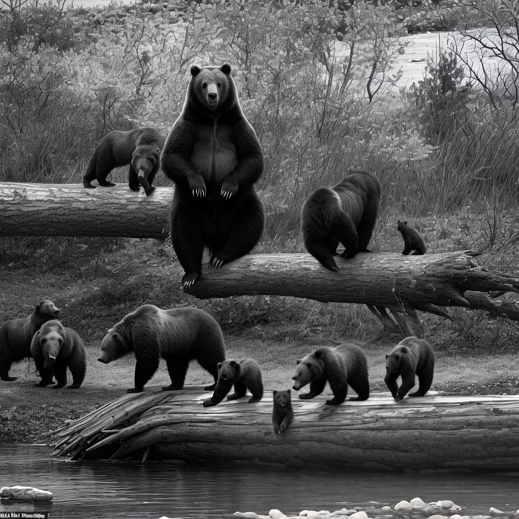  masterpiece, best quality, Best quality sleeve in black and white with a grizzly bear standing on hind legs overlooking his mate and their 6 cubs that are peaking above a log laying on the ground.